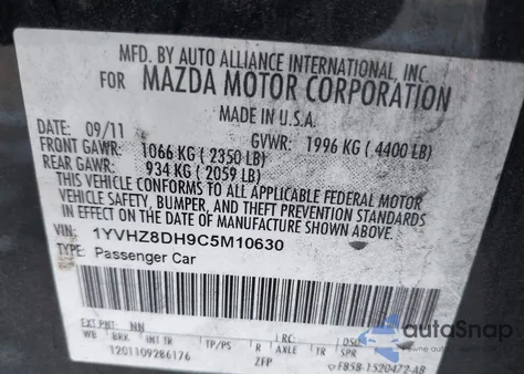 2012 Mazda Mazda6 I Touring z USA, uszkodzony, nr VIN 1YVHZ8DH9C5M10630